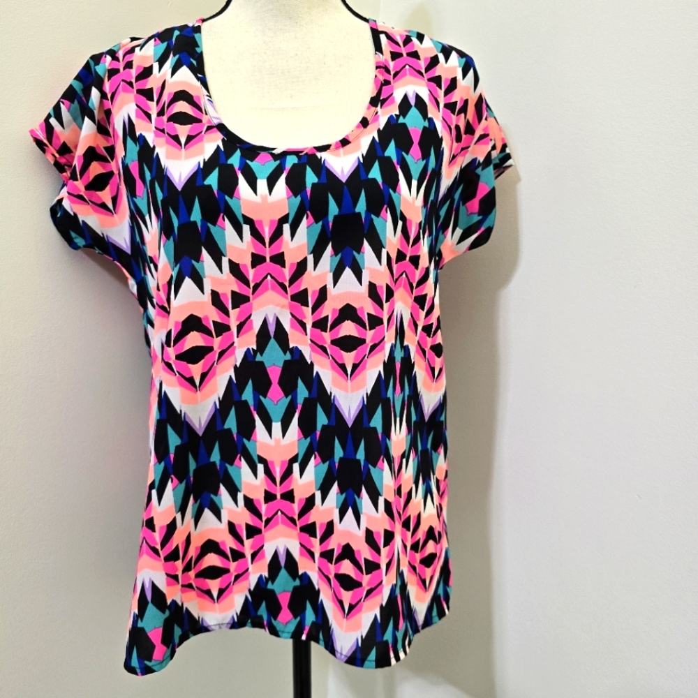 Short Sleeve Boho Eclectic Colorful Geometric‎ Lightweight Blouse S FUN & FLIRT